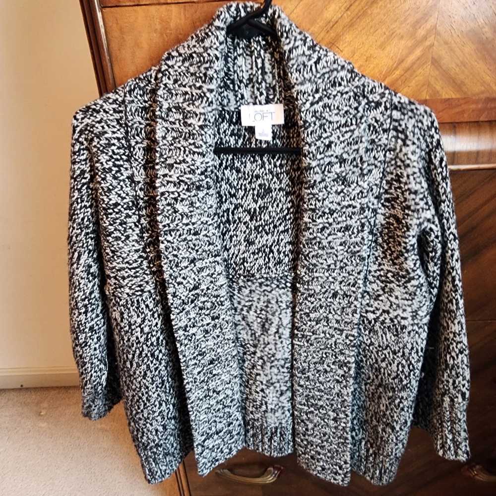 LOFT Black & White Marled Merino Wool Open-Front Shawl Collar Sweater Size S